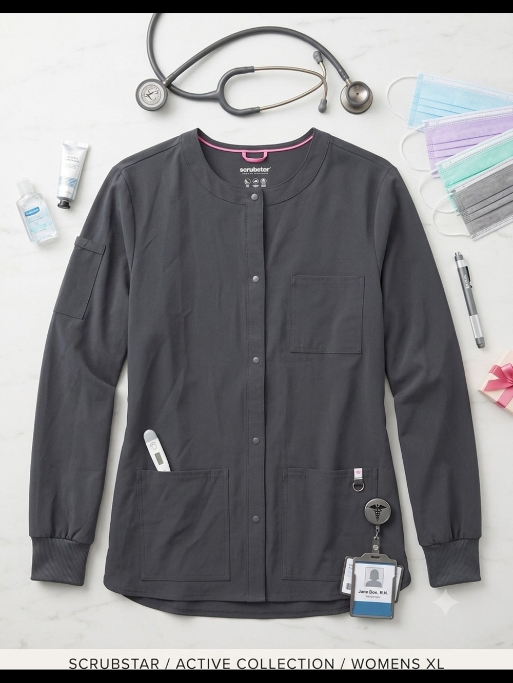 Scrubstar Women's Snap-Front Medical Jacket in Charcoal with Pink Trim
